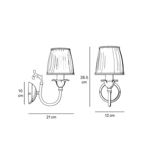 Classic brass wall lamp with pleated ivory white shade, decorative arm and floral details for elegant wall lighting