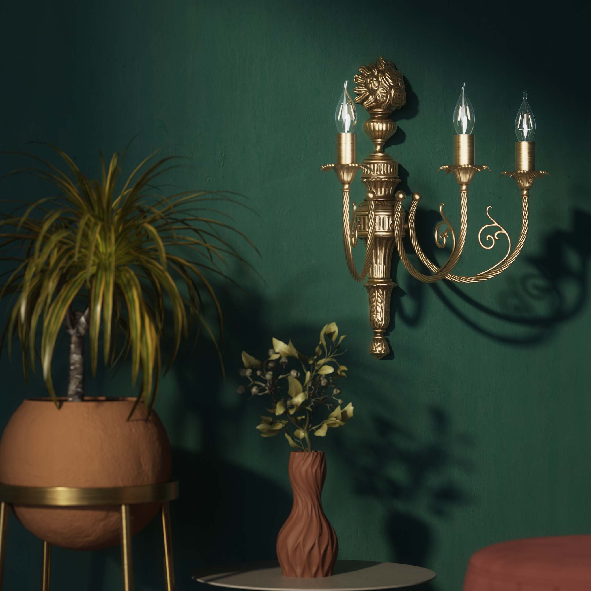 Baroque 3-Light Brass Wall Lamp with Scrolls Luigi XV | Ghidini 1849