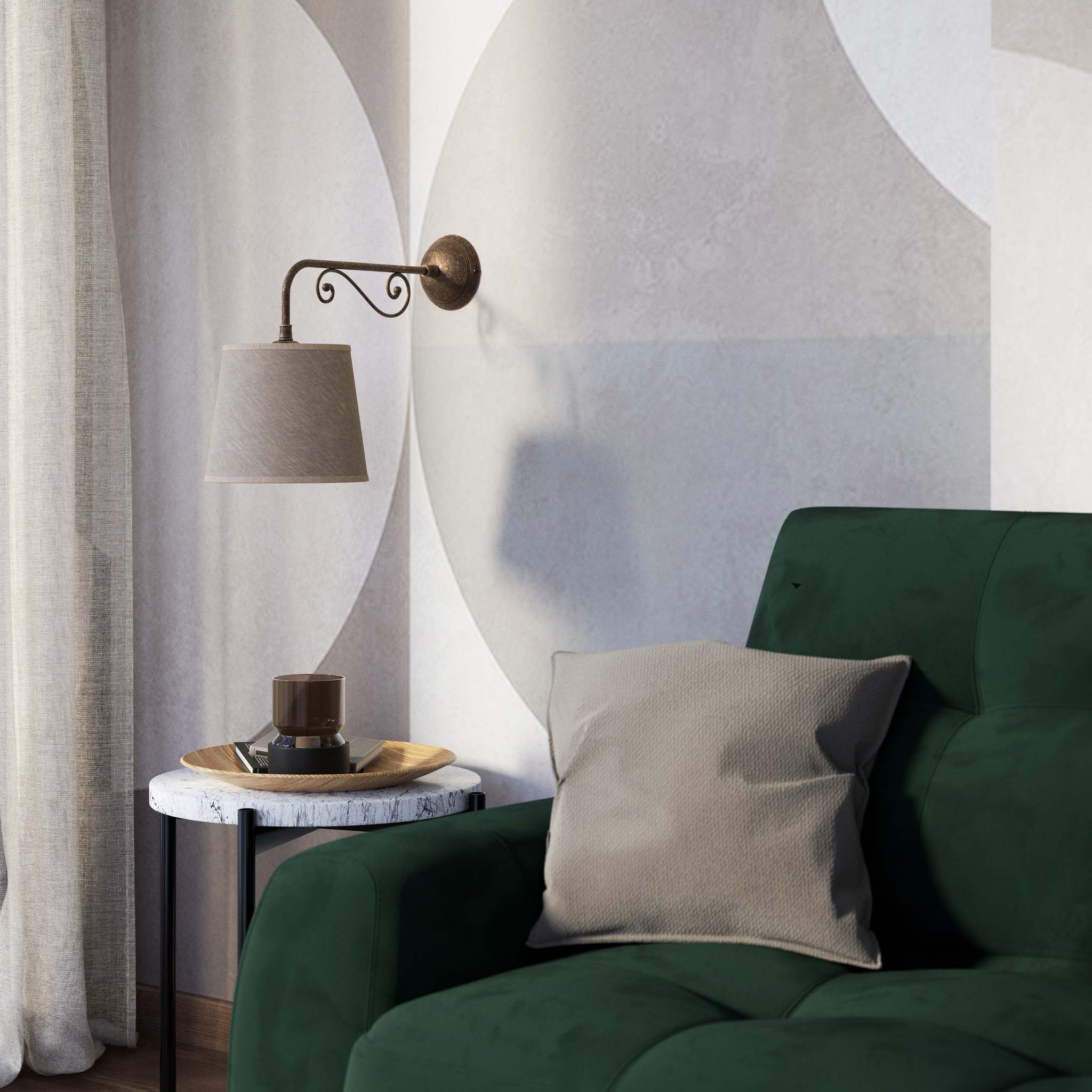 Classic brass wall lamp with scrollwork arm and linen-effect fabric shade European style Made in Italy design by Ghidini 1849 - Finish: OAS Antique Brass