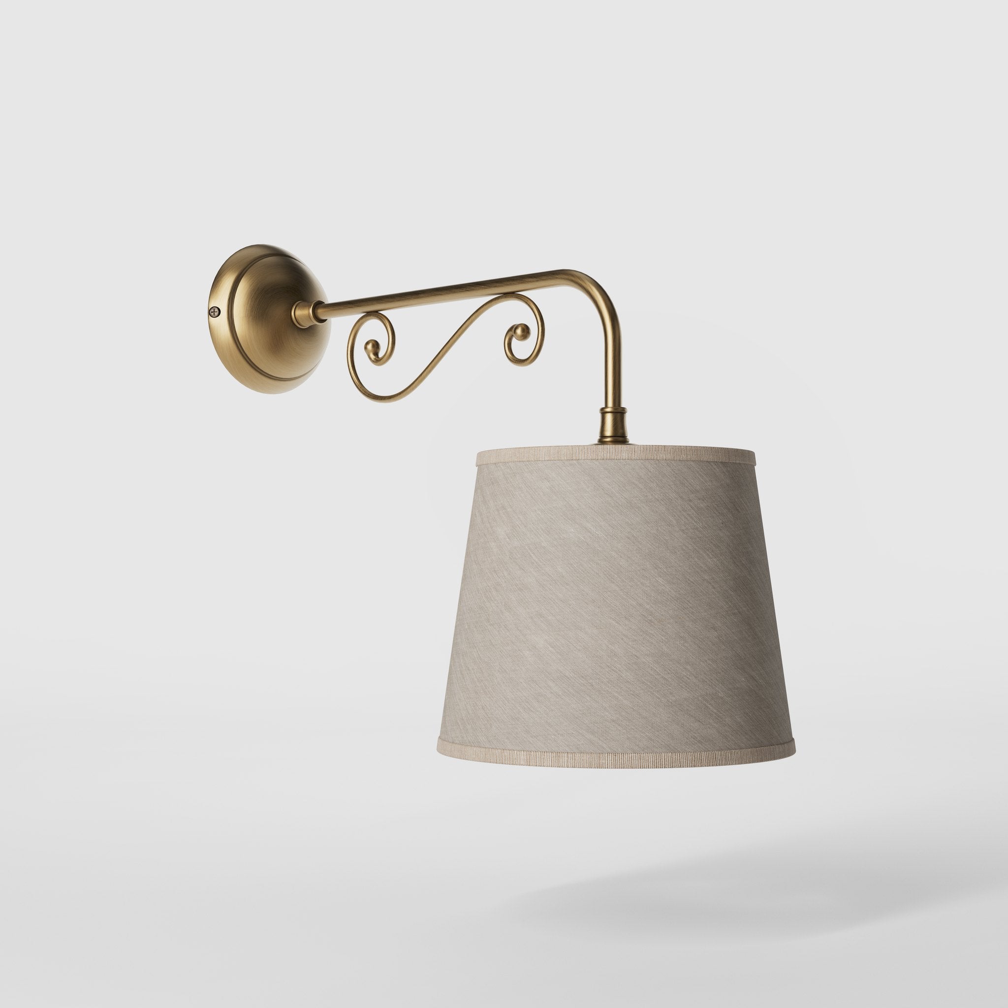 Classic brass wall lamp with scrollwork arm and linen-effect fabric shade European style Made in Italy design by Ghidini 1849 - Finish: OBS Bronze Satin Brass