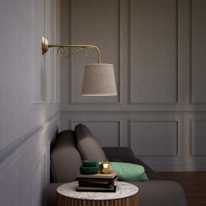 Classic brass wall lamp with scrollwork arm and linen-effect fabric shade European style Made in Italy design by Ghidini 1849 - Finish: OBS Bronze Satin Brass