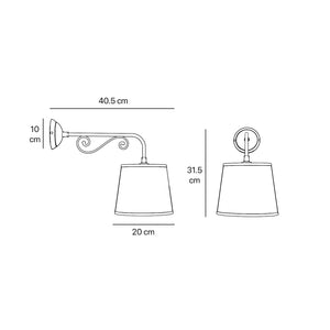 Classic brass wall lamp with scrollwork arm and linen-effect fabric shade European style Made in Italy design by Ghidini 1849