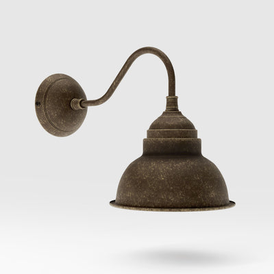 Brass wall lamp industrial vintage style curved arm bell shade round base retro design handcrafted Italian details by Ghidini 1849 - Finish: OAS Antique Brass