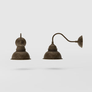 Brass wall lamp industrial vintage style curved arm bell shade round base retro design handcrafted Italian details by Ghidini 1849 - Finish: OAS Antique Brass