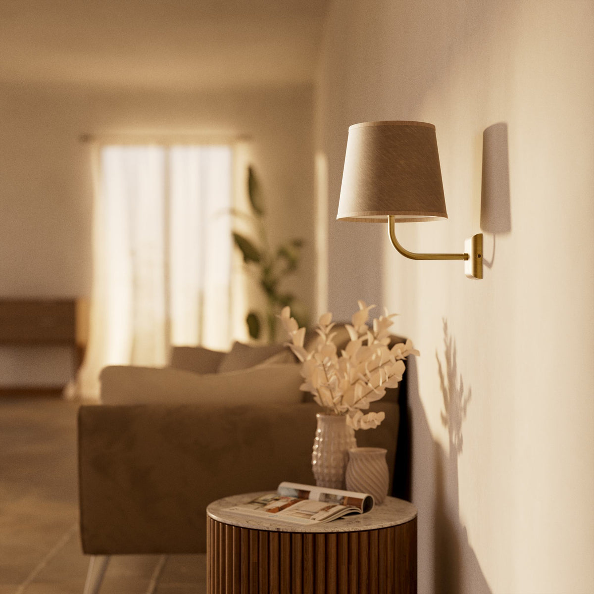 Modern wall lamp with brass structure and gray textile shade, square base, essential and minimalist design, Aves collection by Ghidini 1849 - Finish: OBS Bronze Satin Brass