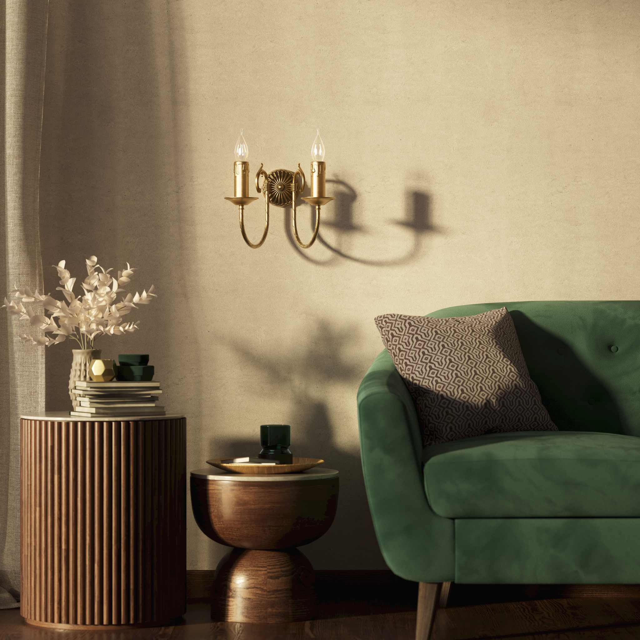 Classic double wall lamp in brass with fan-decorated central rosette, intertwined arms and lamp holders with dripping wax pattern by Ghidini 1849 - Finish: OBS Bronze Satin Brass