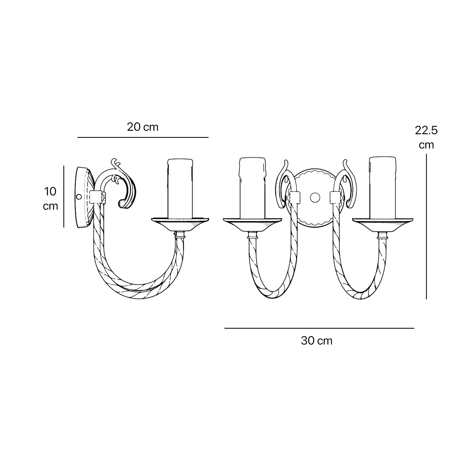 Classic double wall lamp in brass with fan-decorated central rosette, intertwined arms and lamp holders with dripping wax pattern by Ghidini 1849