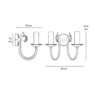 Classic double wall lamp in brass with fan-decorated central rosette, intertwined arms and lamp holders with dripping wax pattern by Ghidini 1849