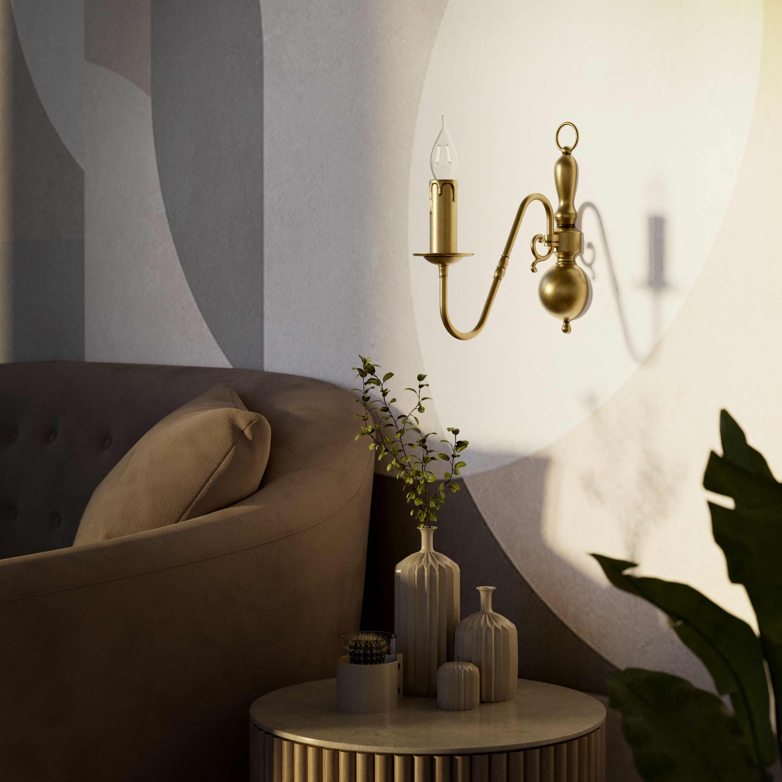 Flemish style brass wall lamp with decorative sphere and curved arm, classic design for interior lighting - Finish: OBS Bronze Satin Brass