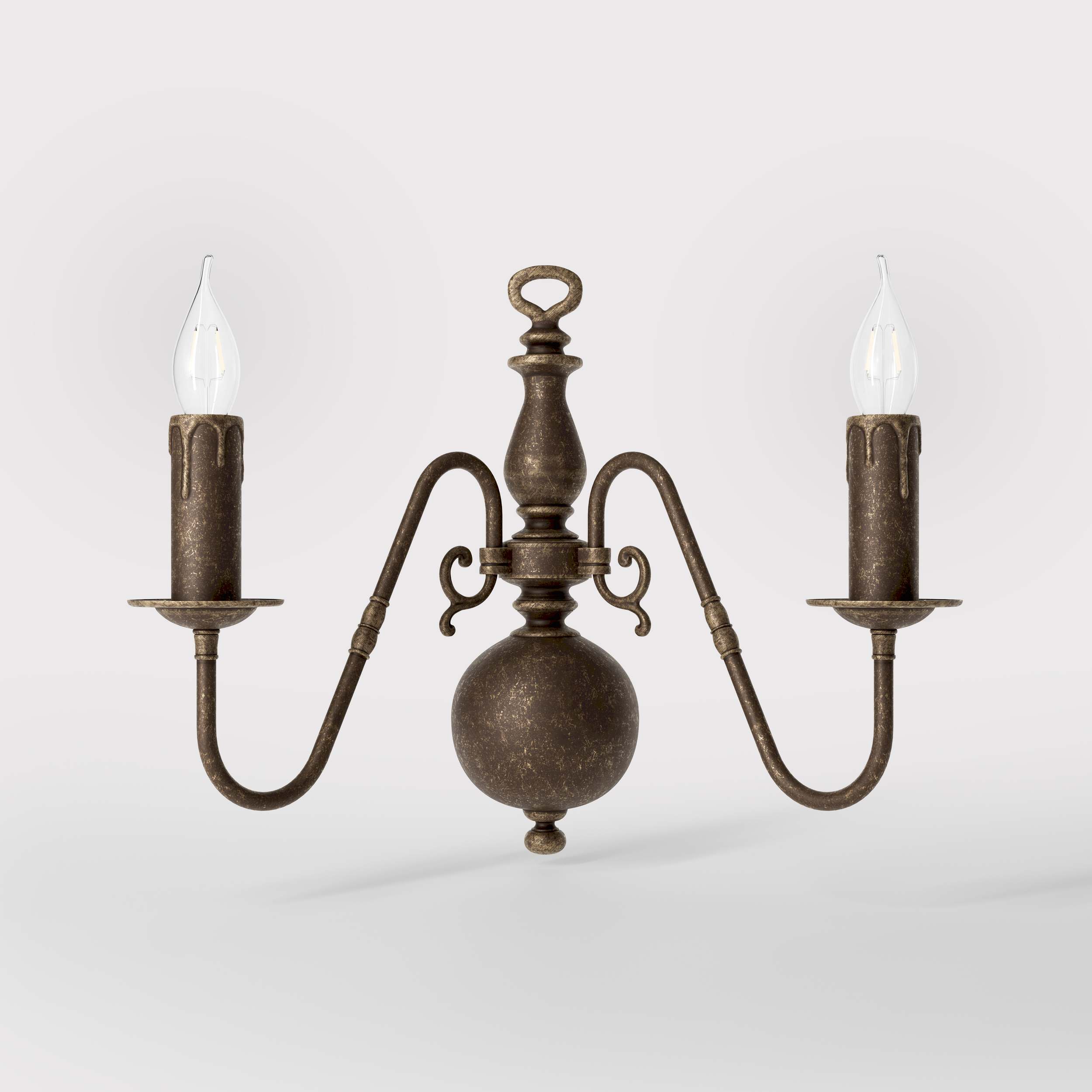 Flemish double brass wall lamp with central decorative sphere and symmetrical arms, classic design for interior lighting - Finish: OAS Antique Brass
