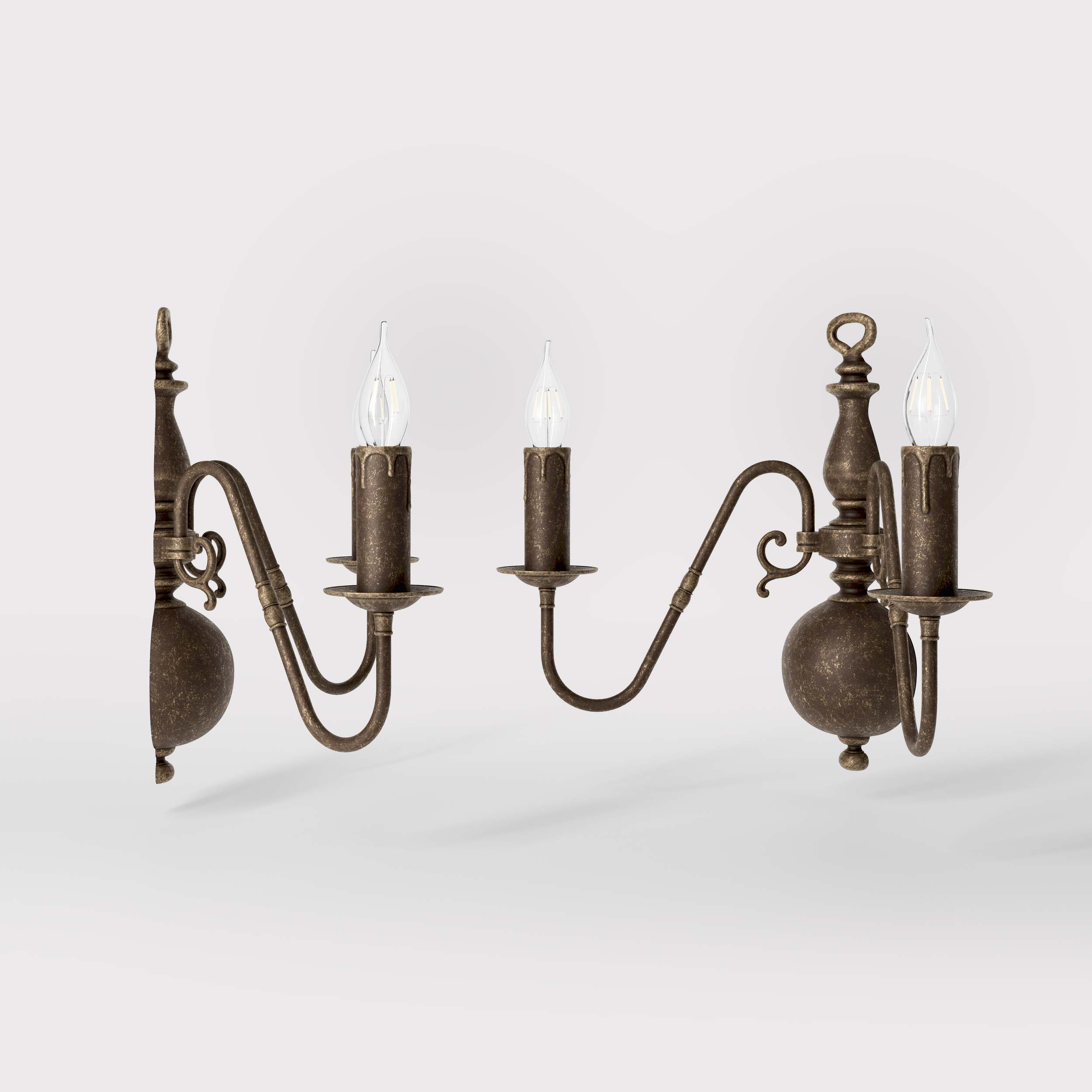 Flemish double brass wall lamp with central decorative sphere and symmetrical arms, classic design for interior lighting - Finish: OAS Antique Brass