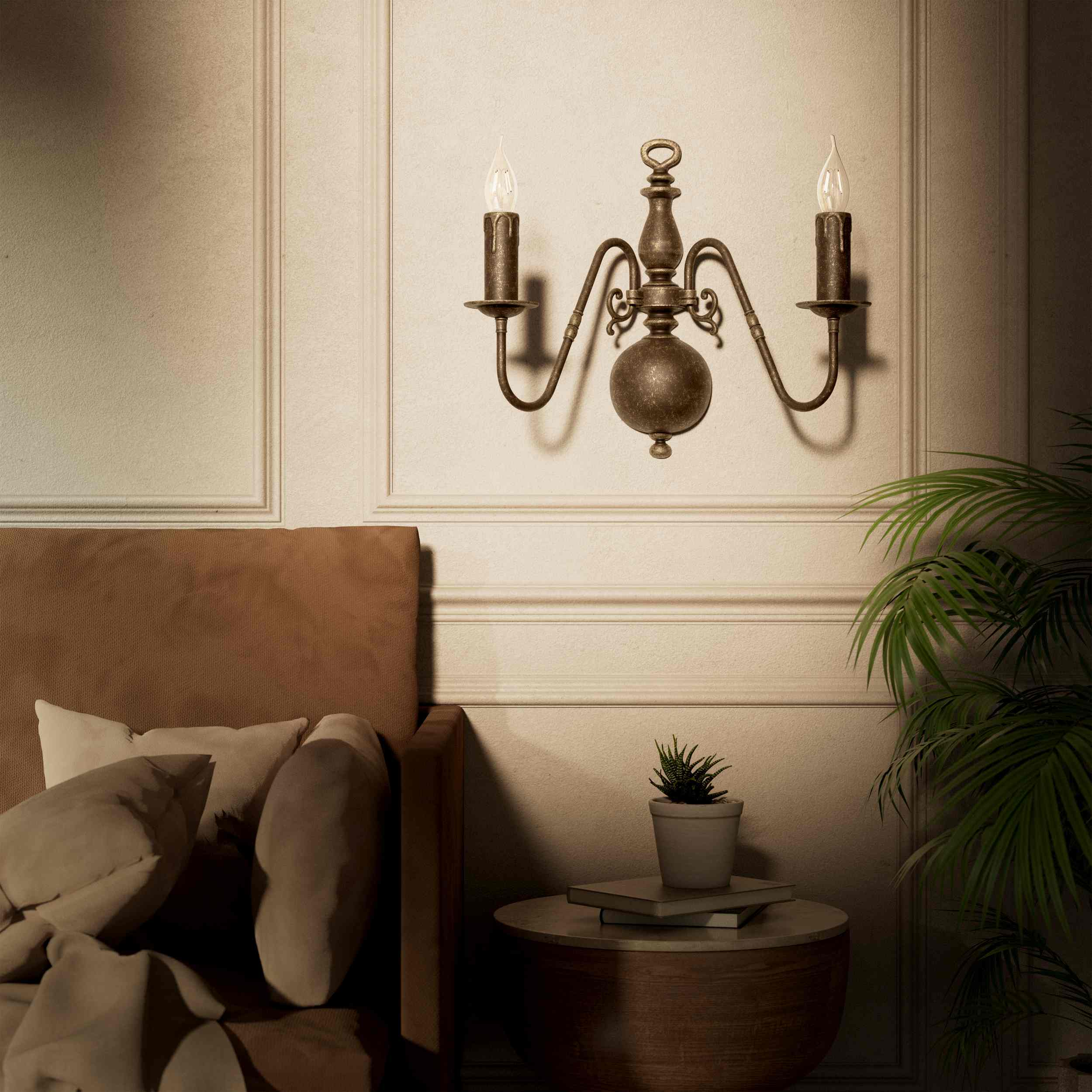 Flemish double brass wall lamp with central decorative sphere and symmetrical arms, classic design for interior lighting - Finish: OAS Antique Brass