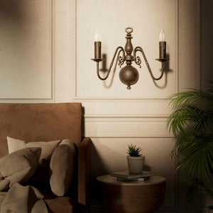 Flemish double brass wall lamp with central decorative sphere and symmetrical arms, classic design for interior lighting - Finish: OAS Antique Brass