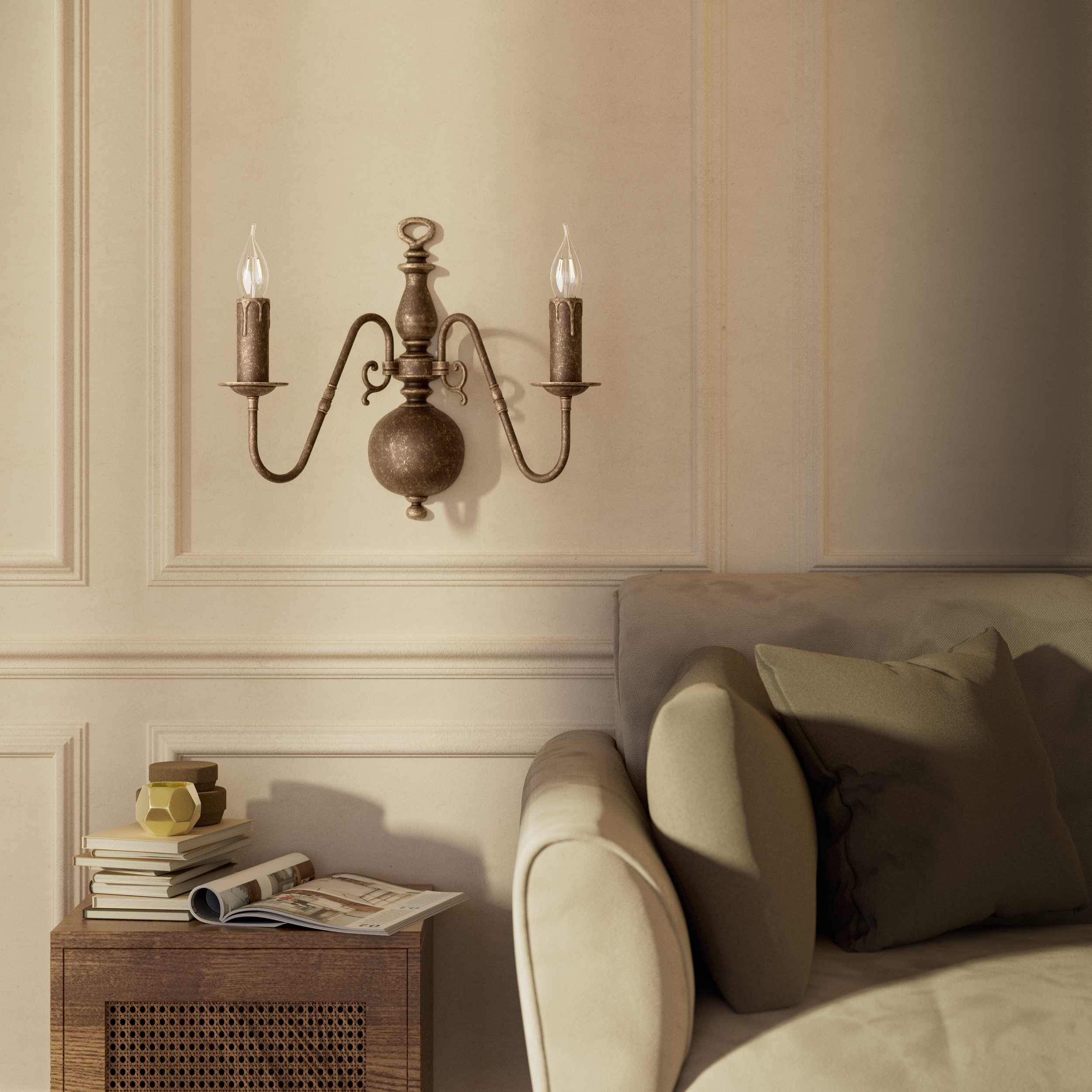 Flemish double brass wall lamp with central decorative sphere and symmetrical arms, classic design for interior lighting - Finish: OAS Antique Brass