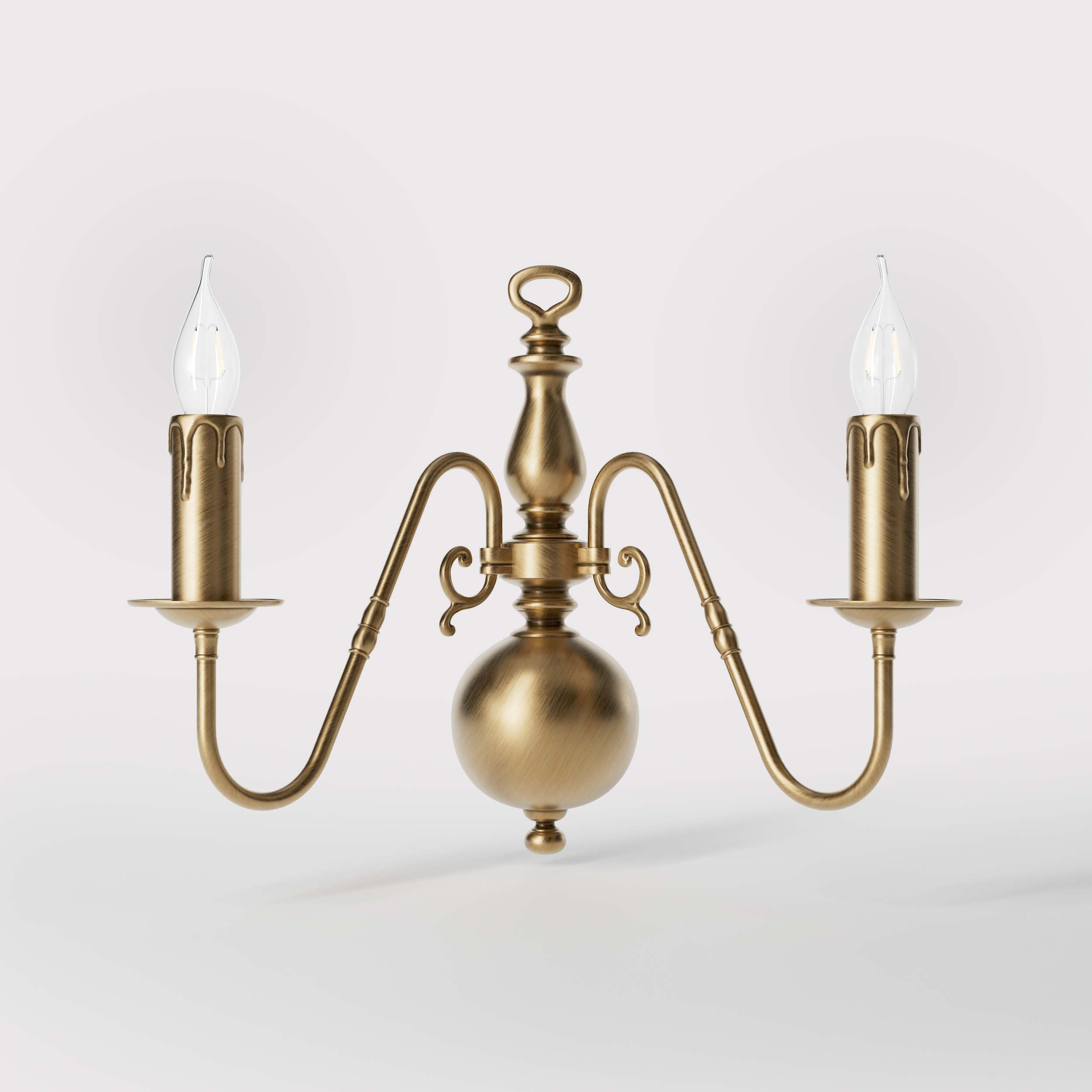 Flemish double brass wall lamp with central decorative sphere and symmetrical arms, classic design for interior lighting - Finish: OBS Bronze Satin Brass