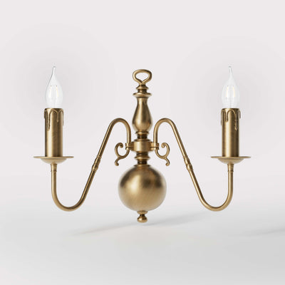 Flemish double brass wall lamp with central decorative sphere and symmetrical arms, classic design for interior lighting - Finish: OBS Bronze Satin Brass