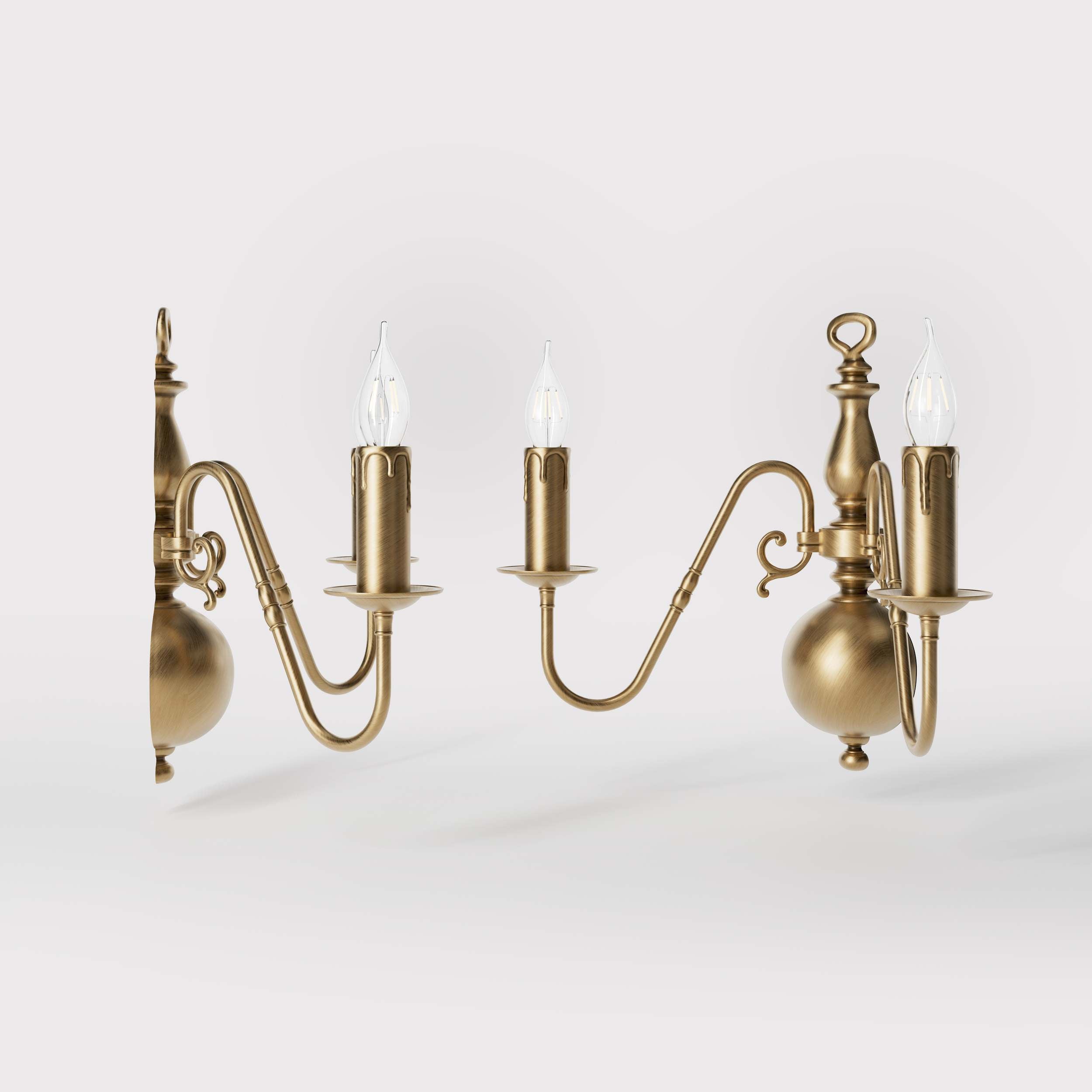 Flemish double brass wall lamp with central decorative sphere and symmetrical arms, classic design for interior lighting - Finish: OBS Bronze Satin Brass