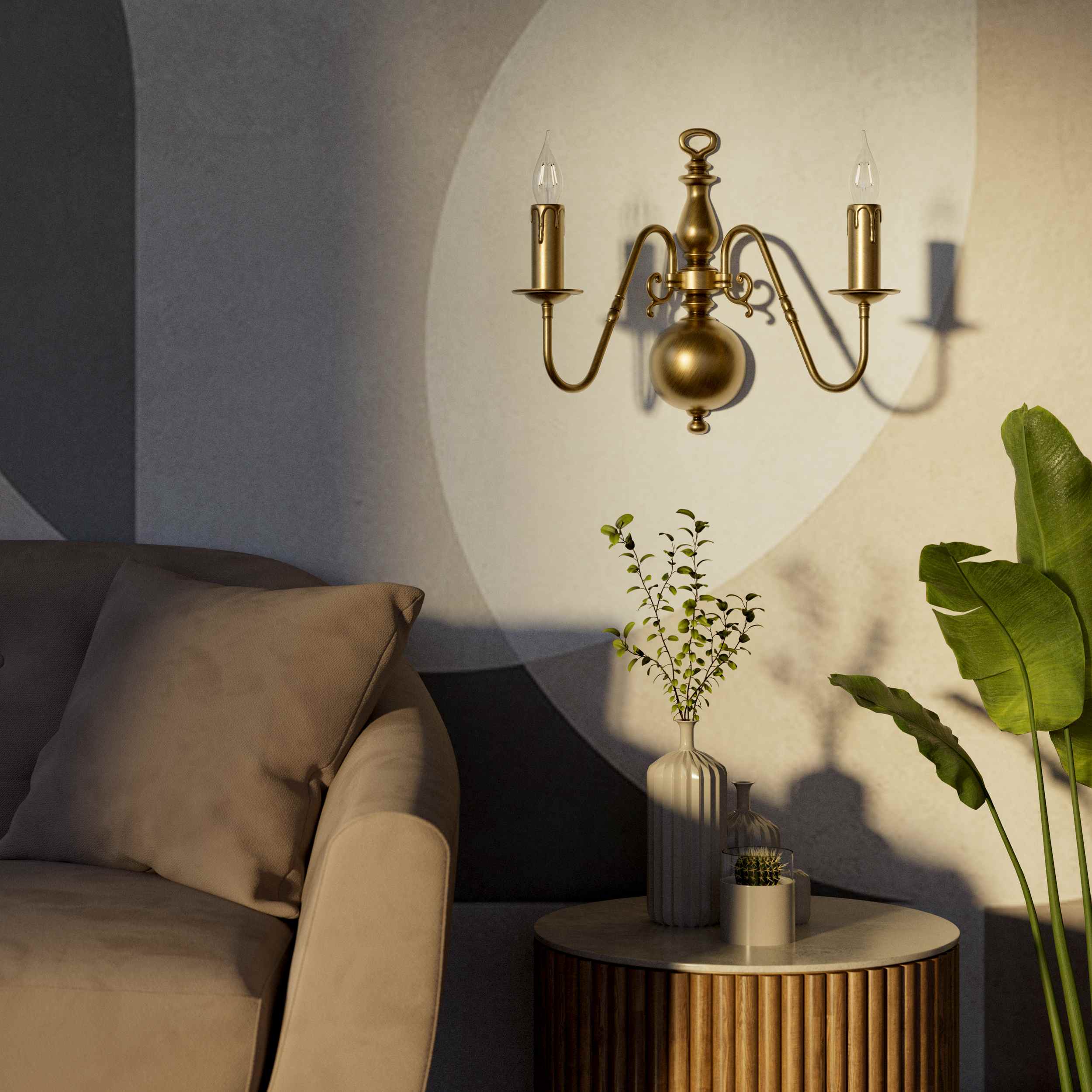 Flemish double brass wall lamp with central decorative sphere and symmetrical arms, classic design for interior lighting - Finish: OBS Bronze Satin Brass