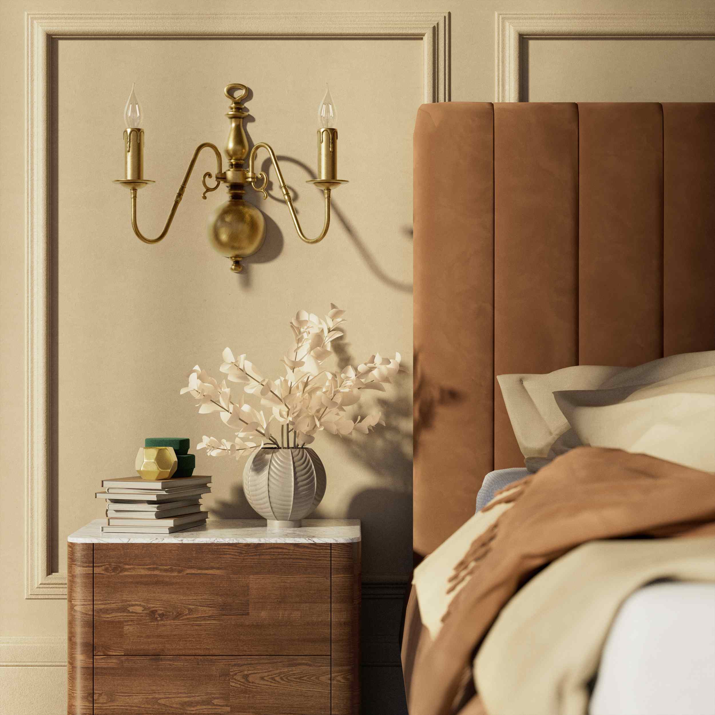 Flemish double brass wall lamp with central decorative sphere and symmetrical arms, classic design for interior lighting - Finish: OBS Bronze Satin Brass