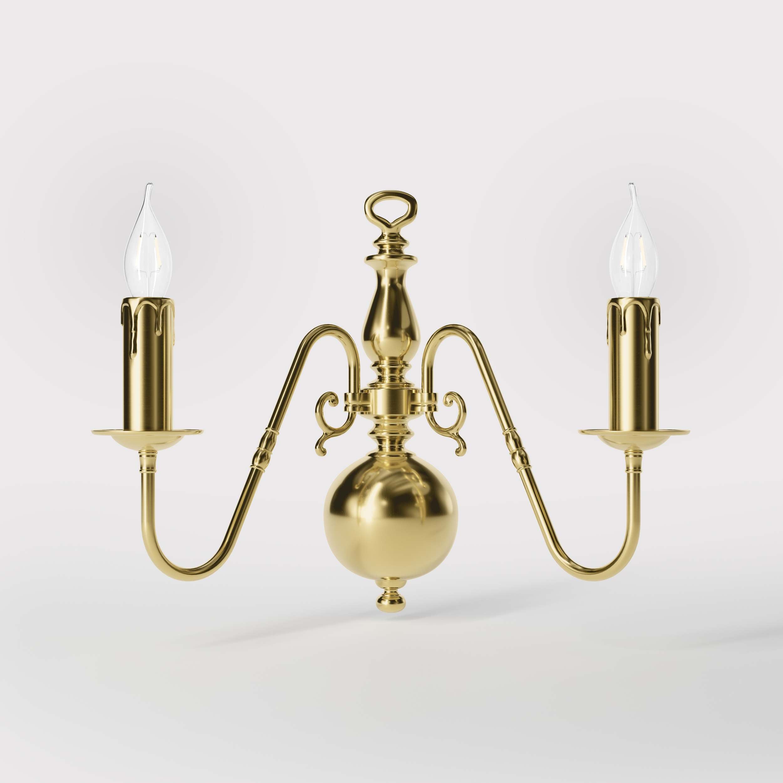 Flemish double brass wall lamp with central decorative sphere and symmetrical arms, classic design for interior lighting - Finish: OLV Polished Brass