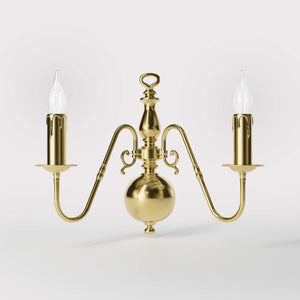 Flemish double brass wall lamp with central decorative sphere and symmetrical arms, classic design for interior lighting - Finish: OLV Polished Brass