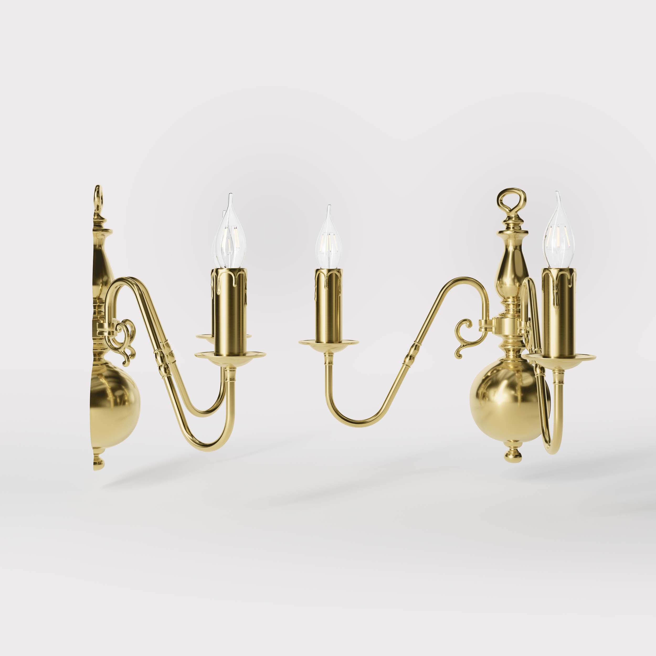 Flemish double brass wall lamp with central decorative sphere and symmetrical arms, classic design for interior lighting - Finish: OLV Polished Brass