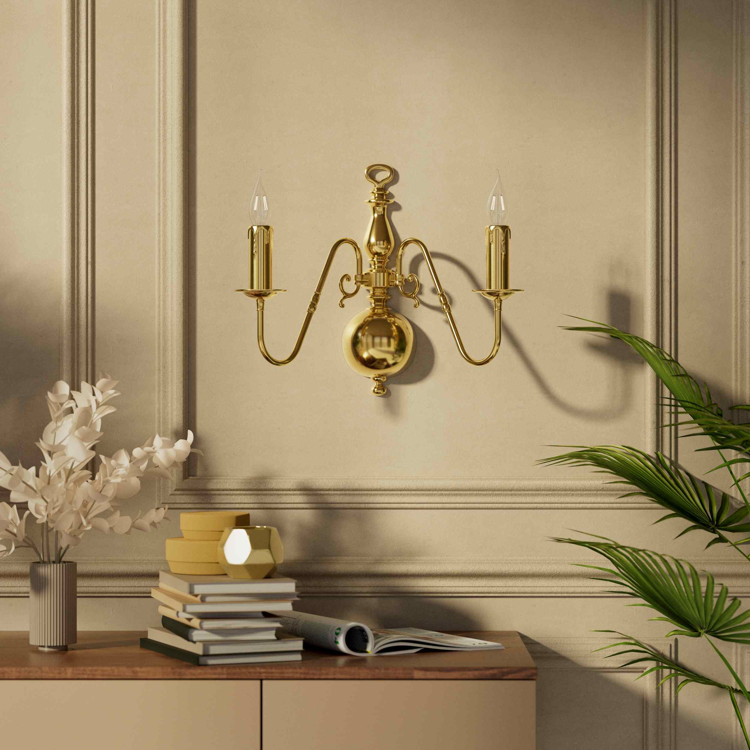 Flemish double brass wall lamp with central decorative sphere and symmetrical arms, classic design for interior lighting - Finish: OLV Polished Brass