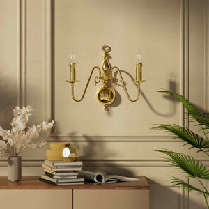 Flemish double brass wall lamp with central decorative sphere and symmetrical arms, classic design for interior lighting - Finish: OLV Polished Brass