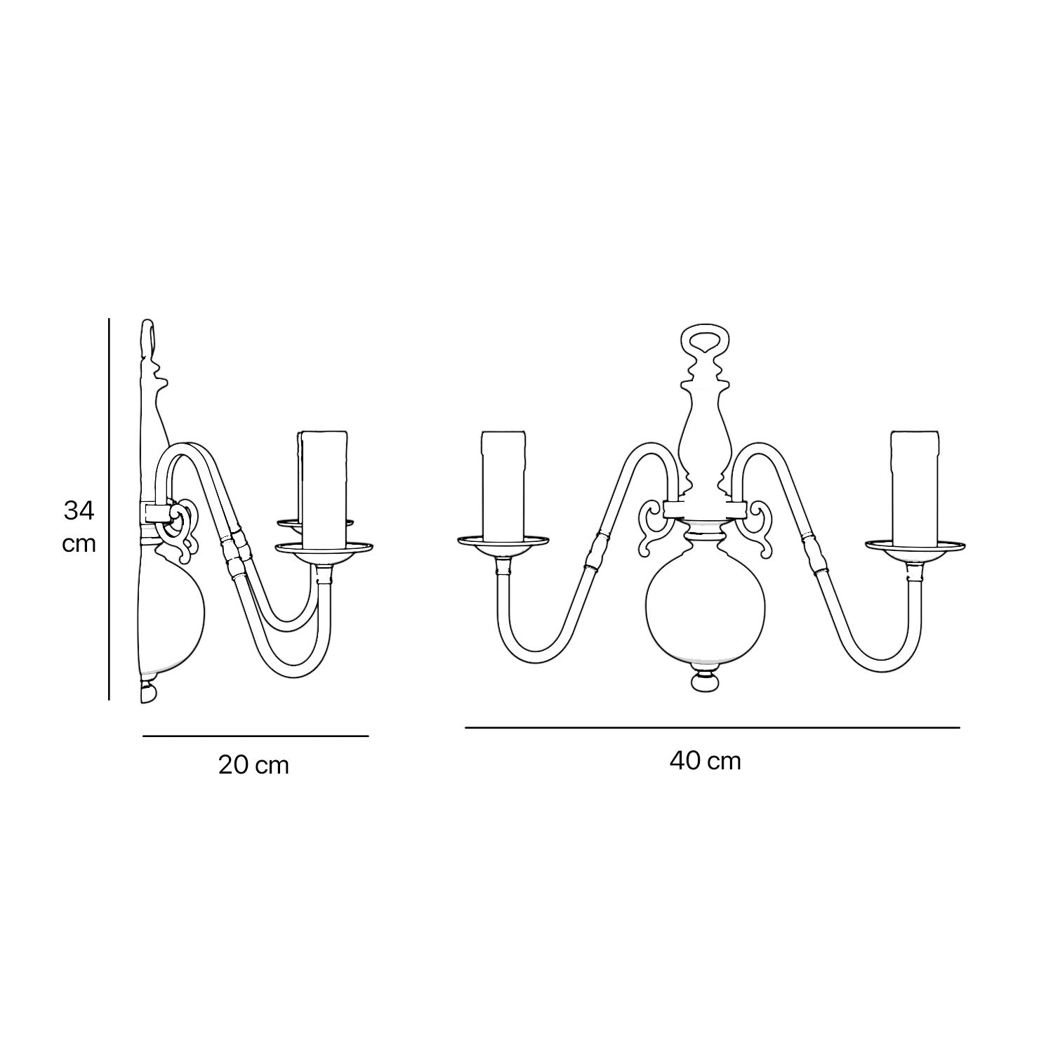 Flemish double brass wall lamp with central decorative sphere and symmetrical arms, classic design for interior lighting