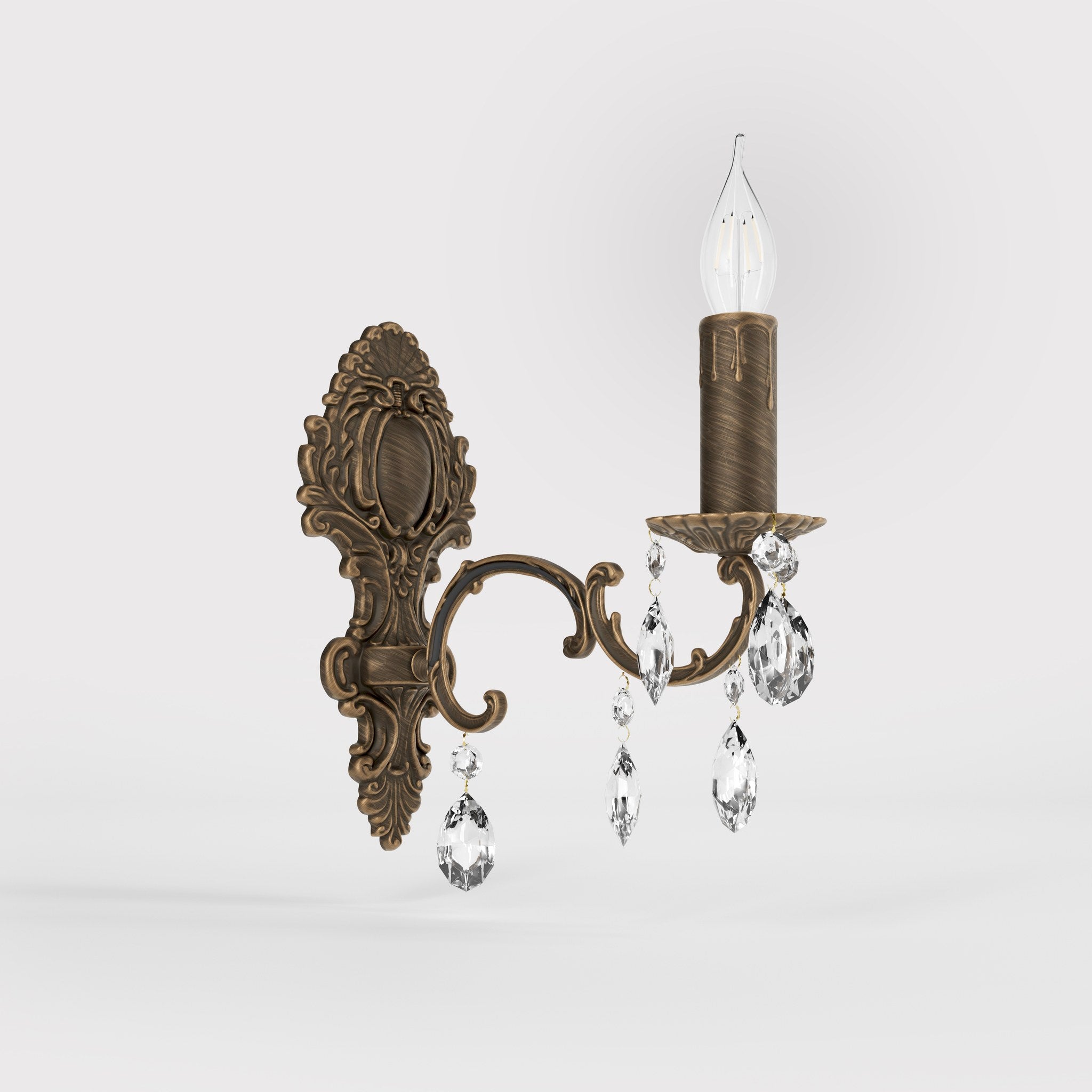 Classic brass wall lamp with crystal pendants baroque style by Ghidini 1849 - Finish: OBM Bronze Satin Matt Brass