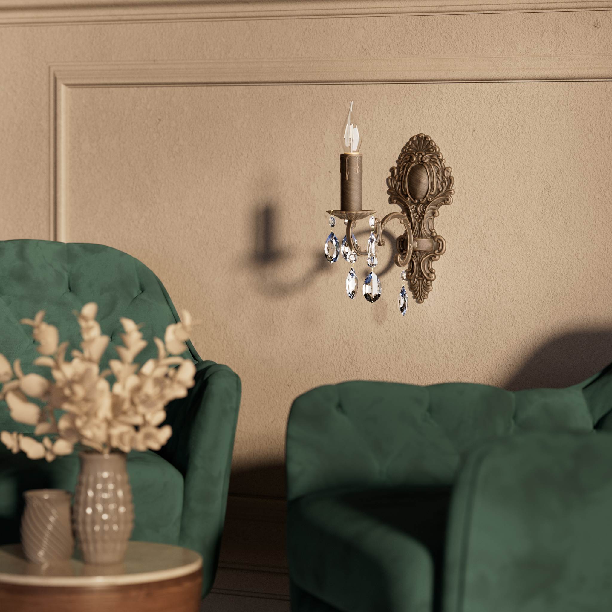 Classic brass wall lamp with crystal pendants baroque style by Ghidini 1849 - Finish: OBM Bronze Satin Matt Brass
