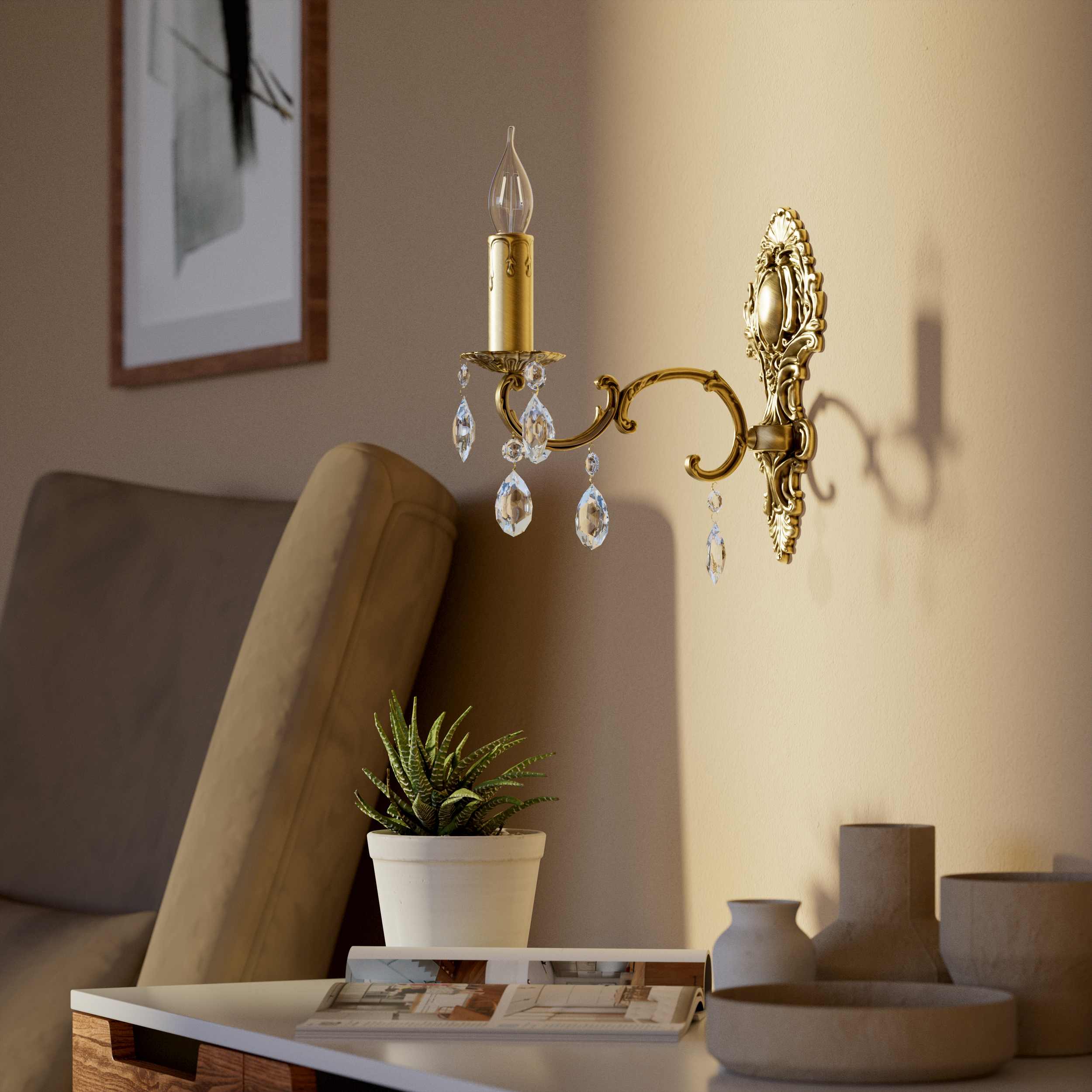 Classic brass wall lamp with crystal pendants baroque style by Ghidini 1849 - Finish: OBS Bronze Satin Brass