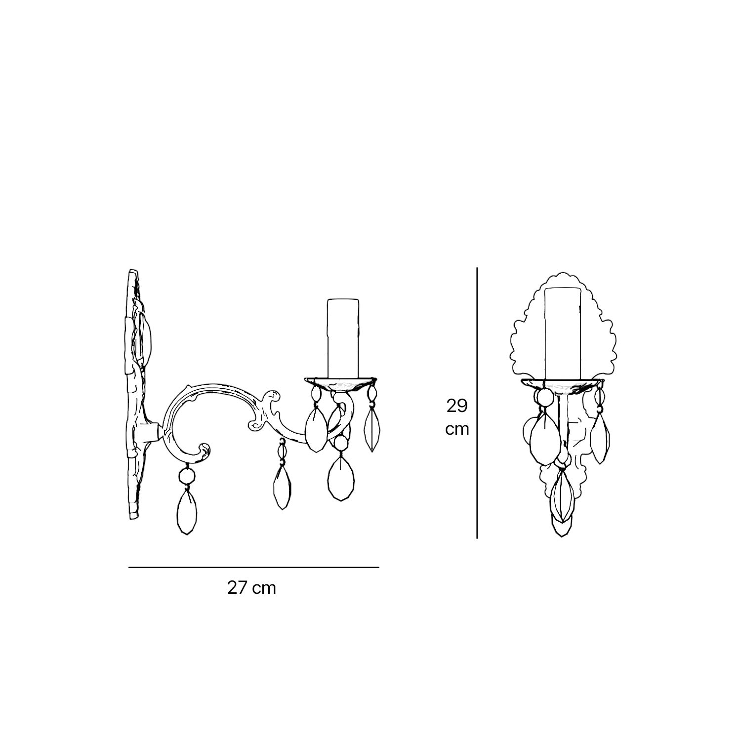 Classic brass wall lamp with crystal pendants baroque style by Ghidini 1849