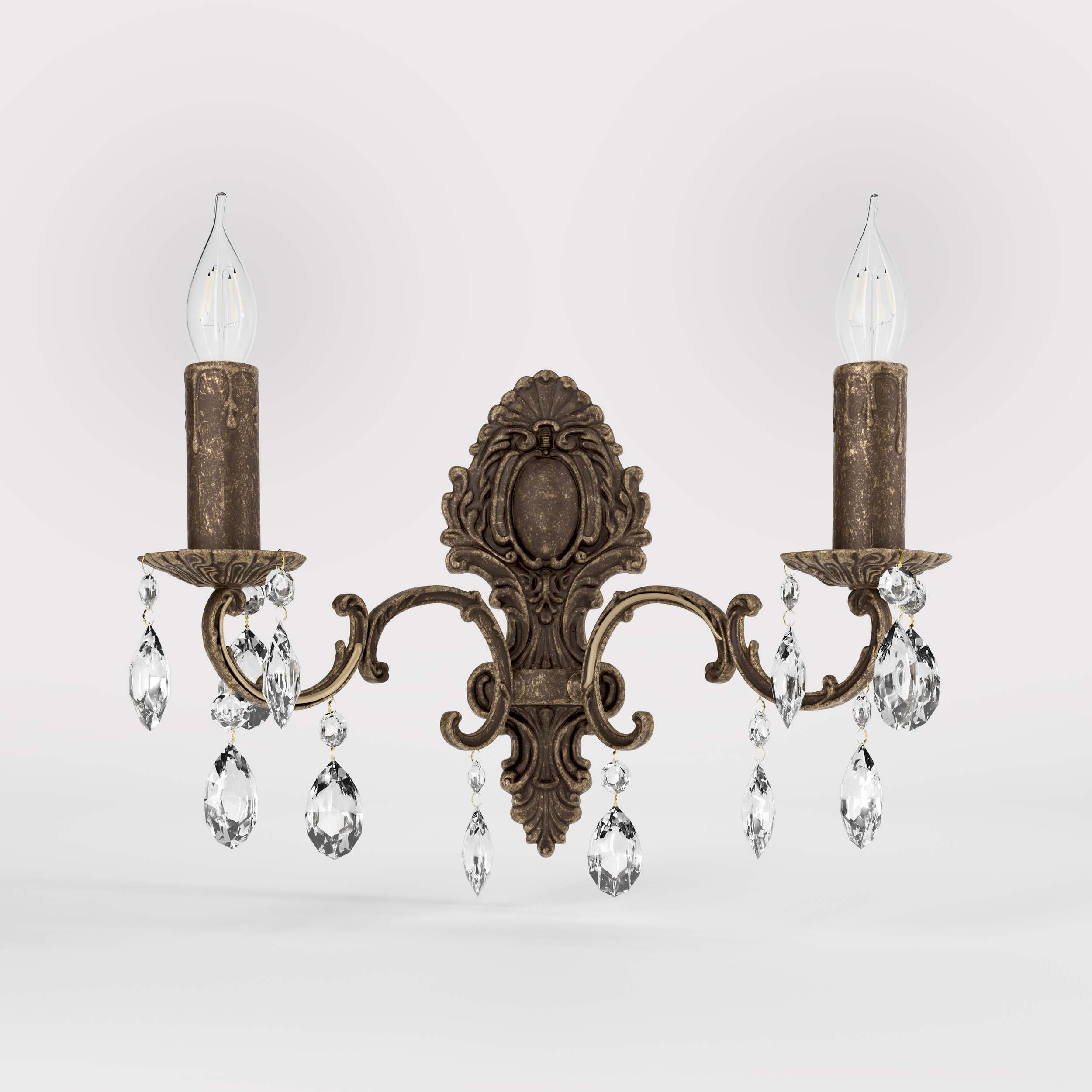 Baroque brass wall lamp with two lights and crystal pendants by Ghidini 1849 - Finish: OAS Antique Brass