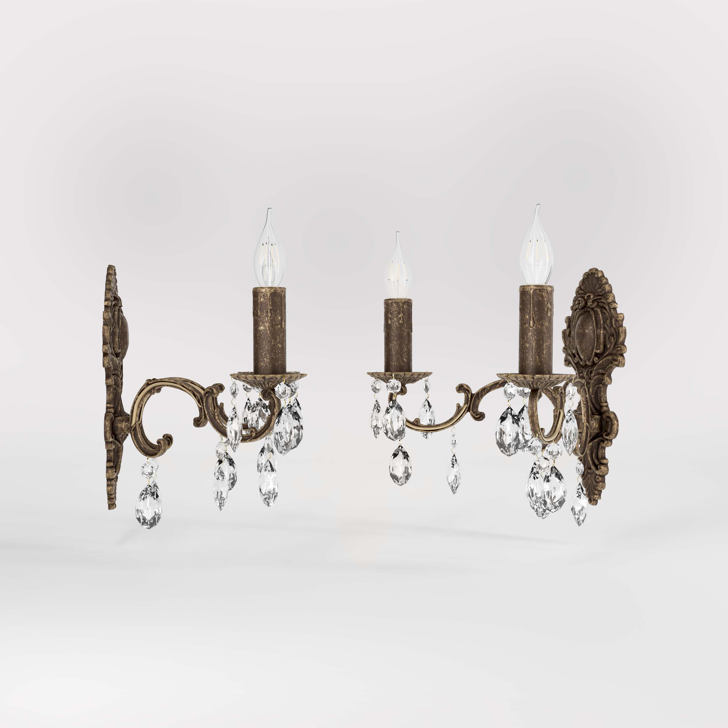 Baroque brass wall lamp with two lights and crystal pendants by Ghidini 1849 - Finish: OAS Antique Brass