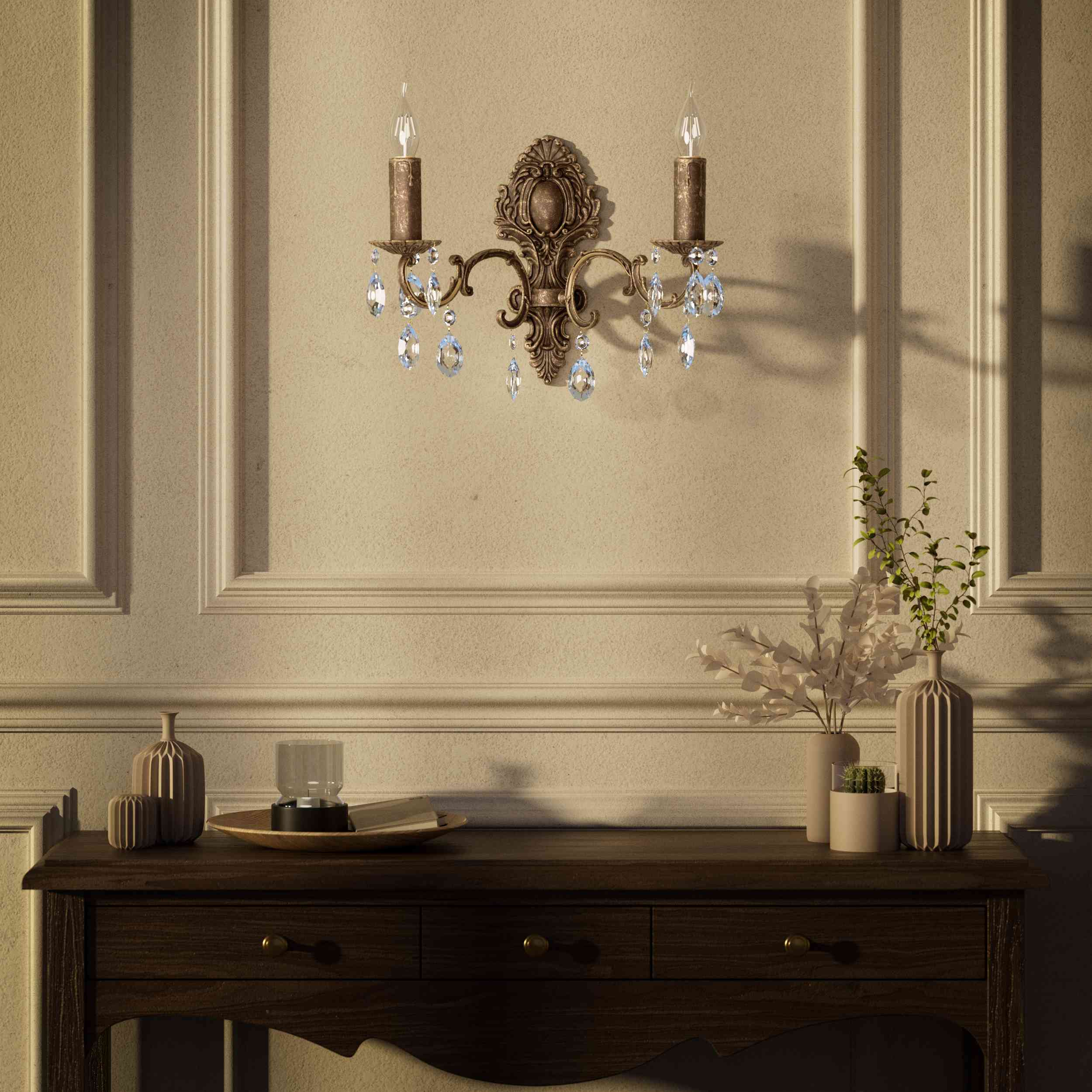 Baroque brass wall lamp with two lights and crystal pendants by Ghidini 1849 - Finish: OAS Antique Brass