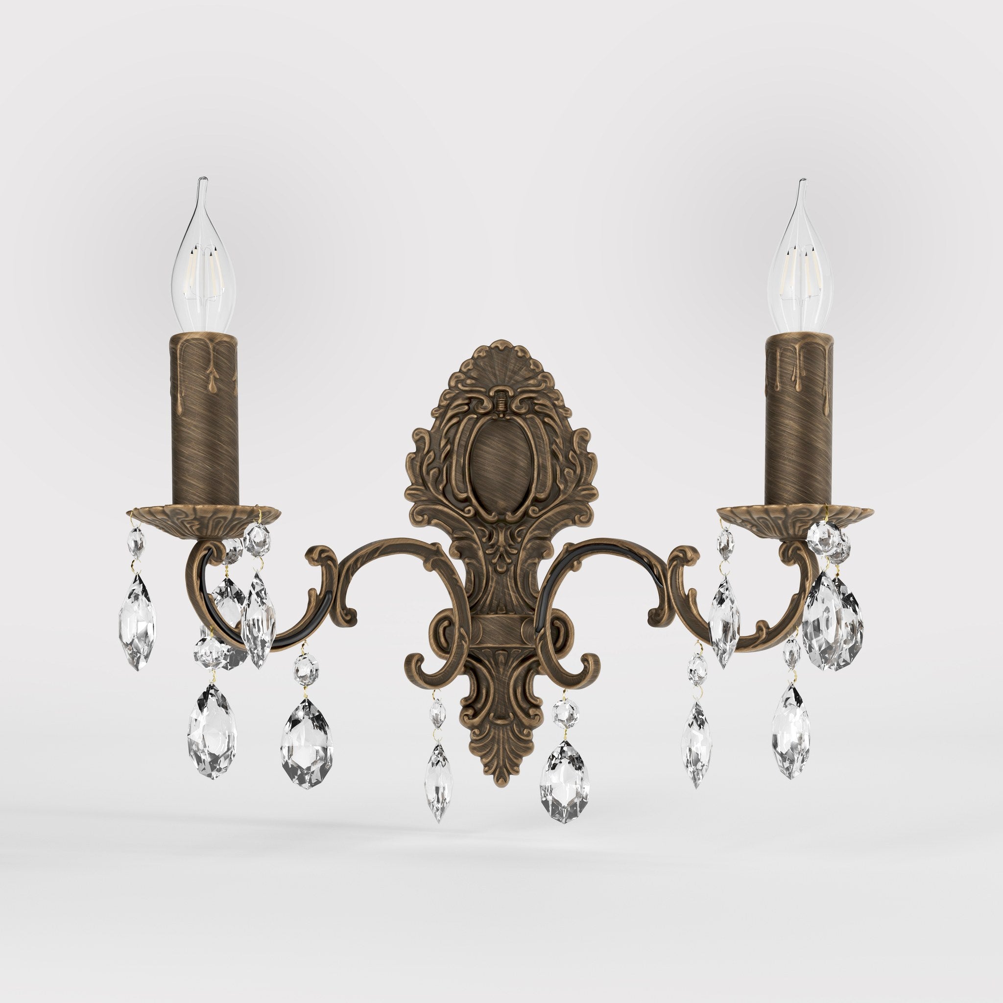 Baroque brass wall lamp with two lights and crystal pendants by Ghidini 1849 - Finish: OBM Bronze Satin Matt Brass