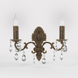 Baroque brass wall lamp with two lights and crystal pendants by Ghidini 1849 - Finish: OBM Bronze Satin Matt Brass