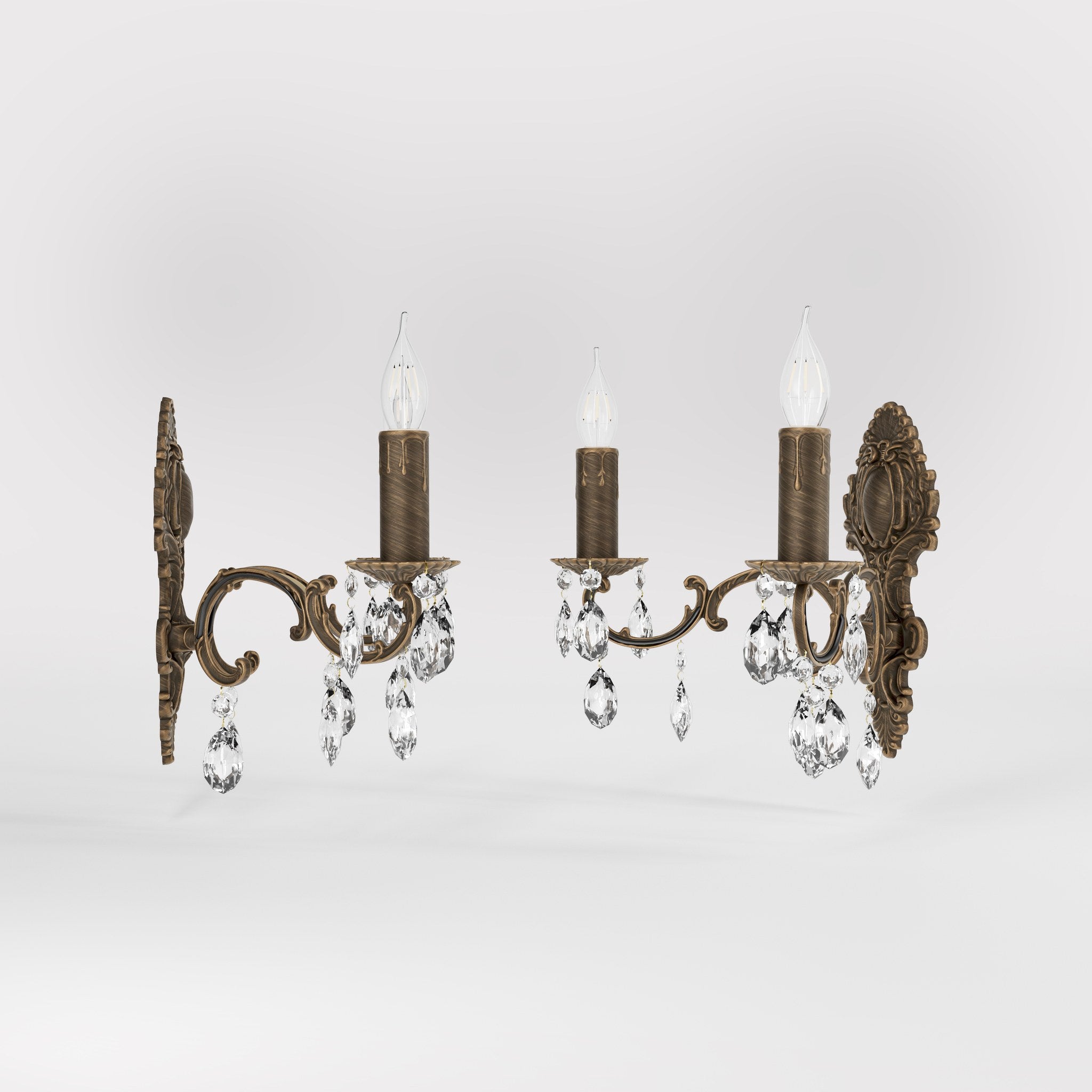 Baroque brass wall lamp with two lights and crystal pendants by Ghidini 1849 - Finish: OBM Bronze Satin Matt Brass