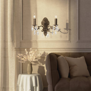 Baroque brass wall lamp with two lights and crystal pendants by Ghidini 1849 - Finish: OBM Bronze Satin Matt Brass