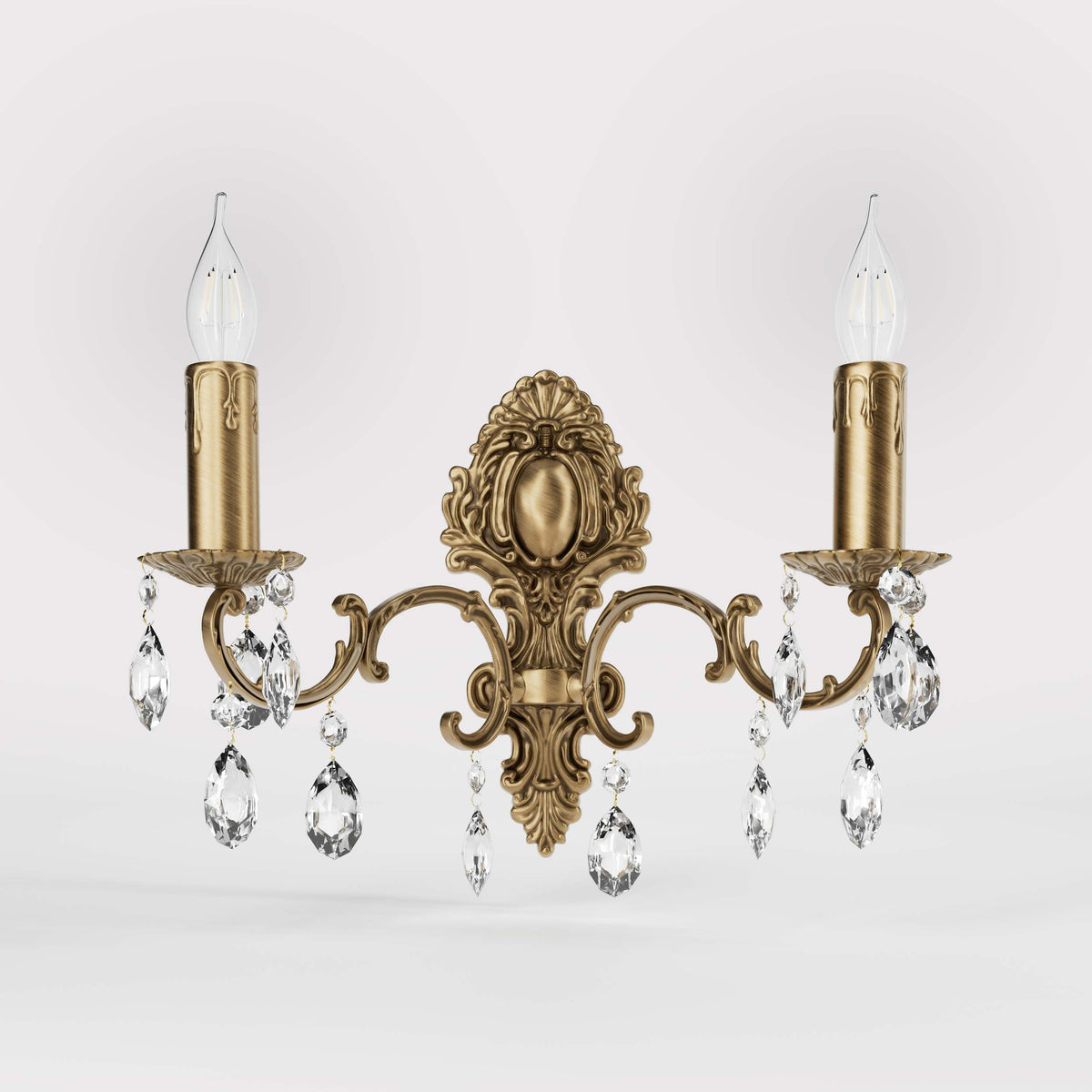 Baroque Brass Wall Lamp with Two Lights and Crystals Venezia - OBS Bronze Satin Brass