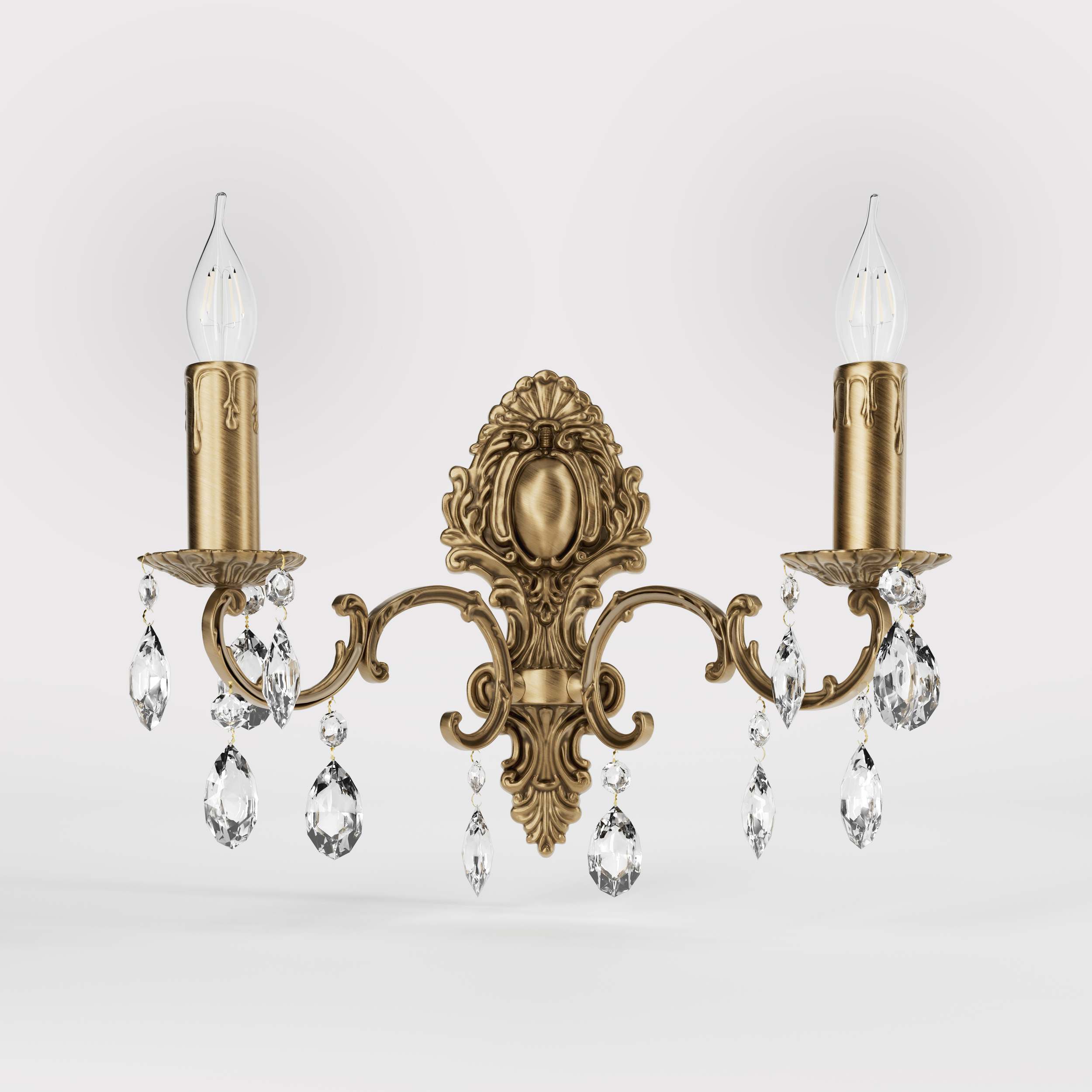 Baroque brass wall lamp with two lights and crystal pendants by Ghidini 1849 - Finish: OBS Bronze Satin Brass