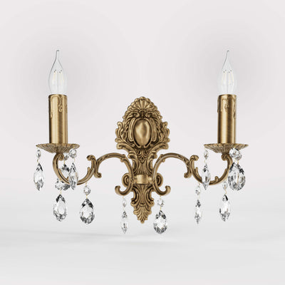 Baroque brass wall lamp with two lights and crystal pendants by Ghidini 1849 - Finish: OBS Bronze Satin Brass