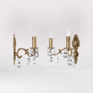 Baroque brass wall lamp with two lights and crystal pendants by Ghidini 1849 - Finish: OBS Bronze Satin Brass