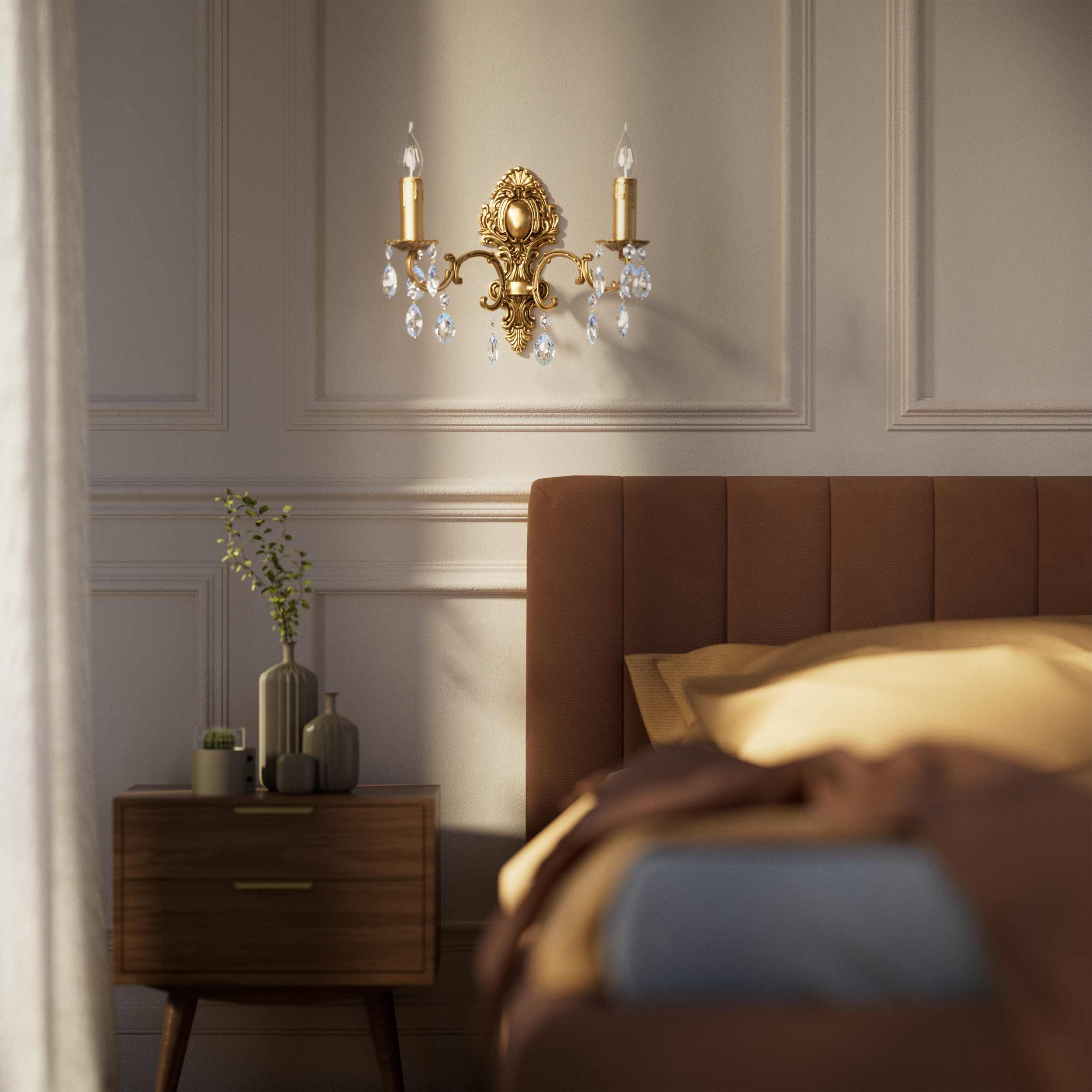 Baroque brass wall lamp with two lights and crystal pendants by Ghidini 1849 - Finish: OBS Bronze Satin Brass