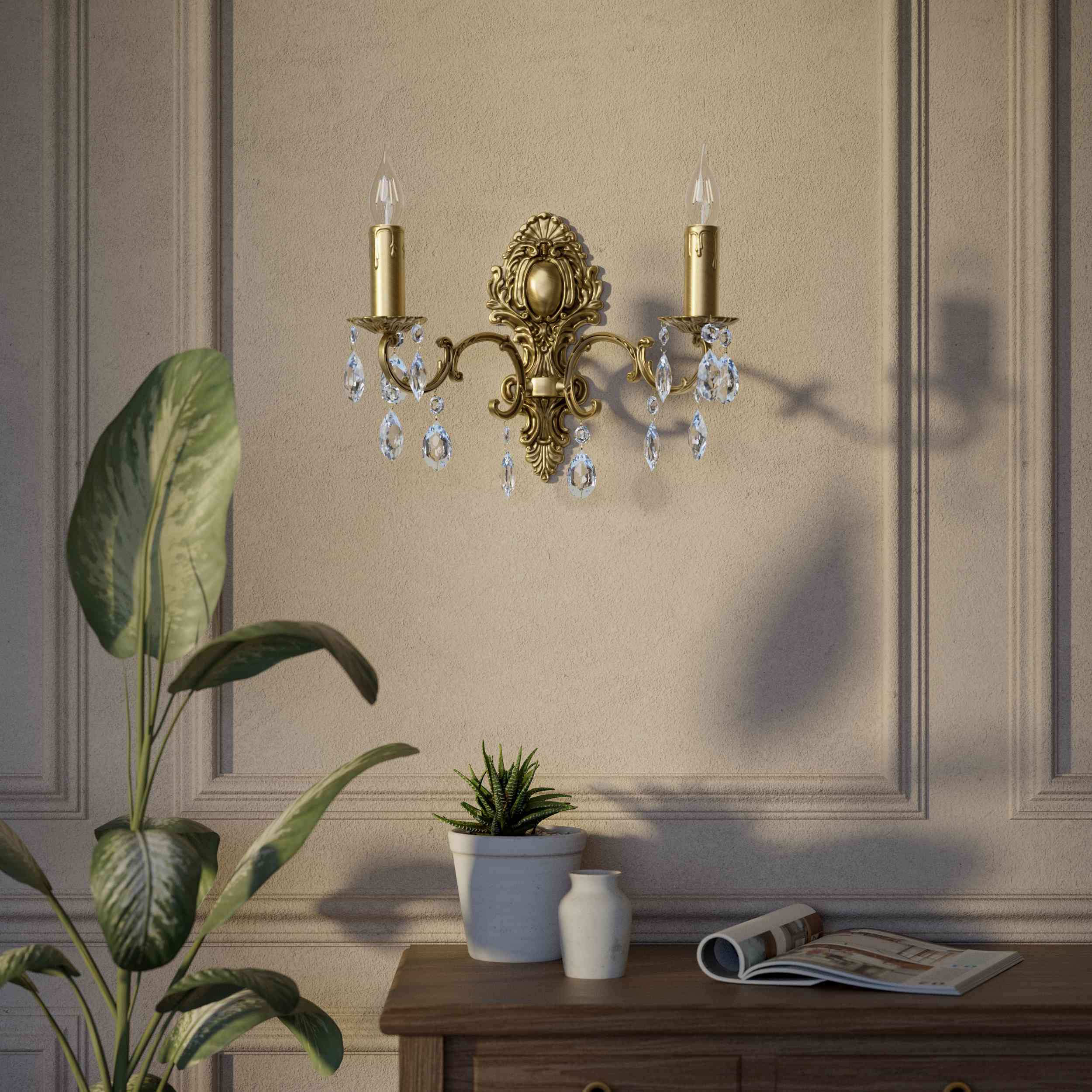 Baroque brass wall lamp with two lights and crystal pendants by Ghidini 1849 - Finish: OBS Bronze Satin Brass