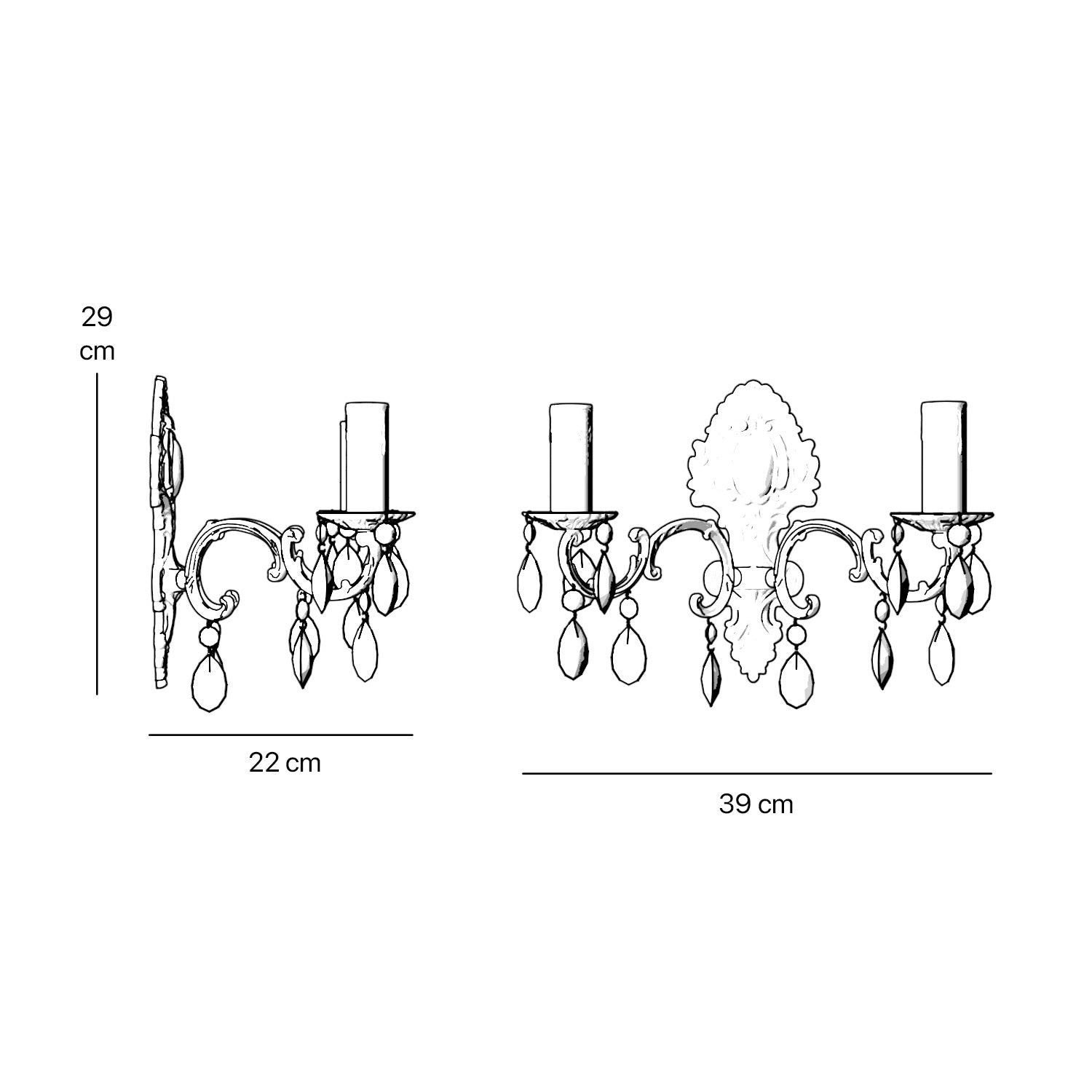 Baroque brass wall lamp with two lights and crystal pendants by Ghidini 1849