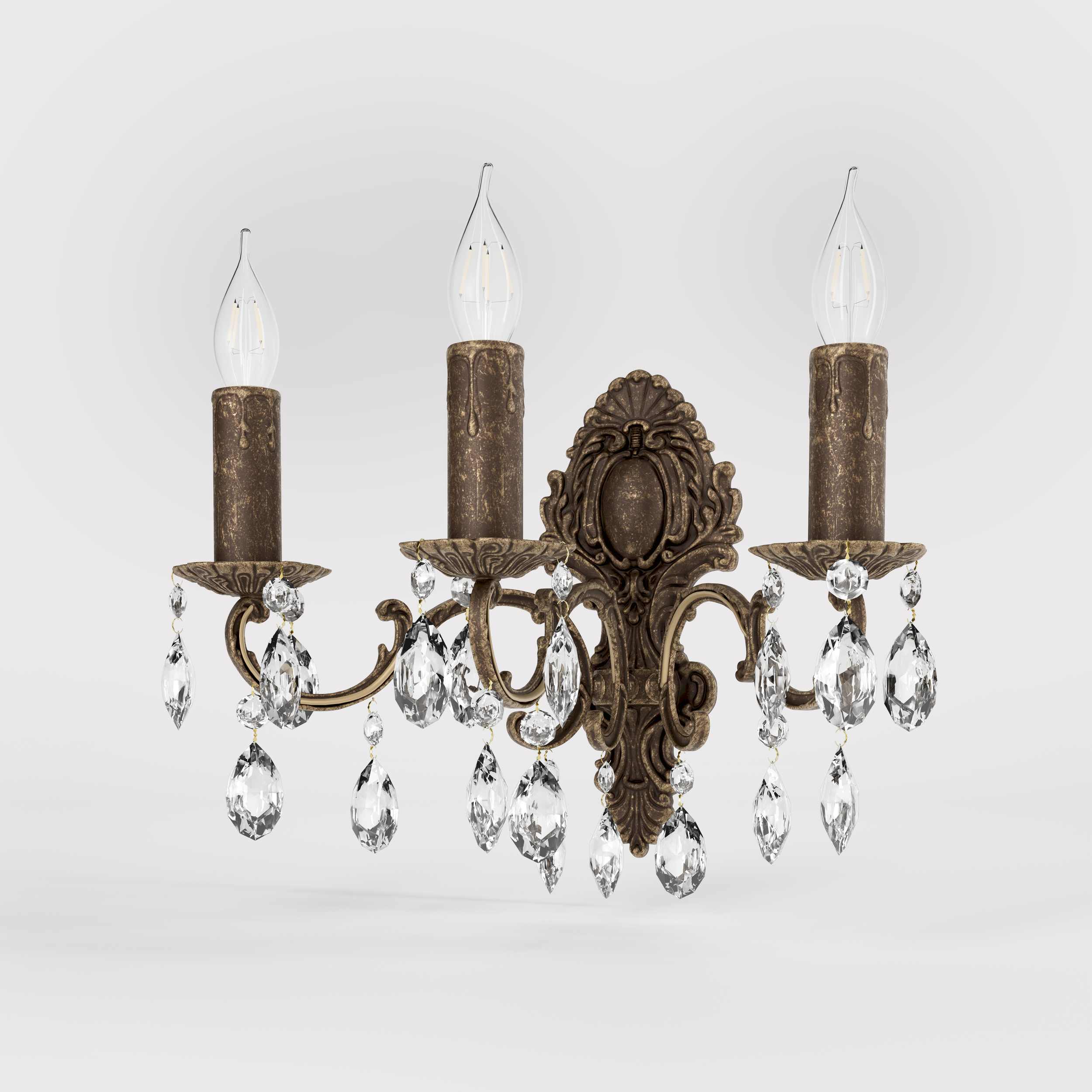 Baroque brass wall lamp with three lights and crystal pendants by Ghidini 1849 - Finish: OAS Antique Brass