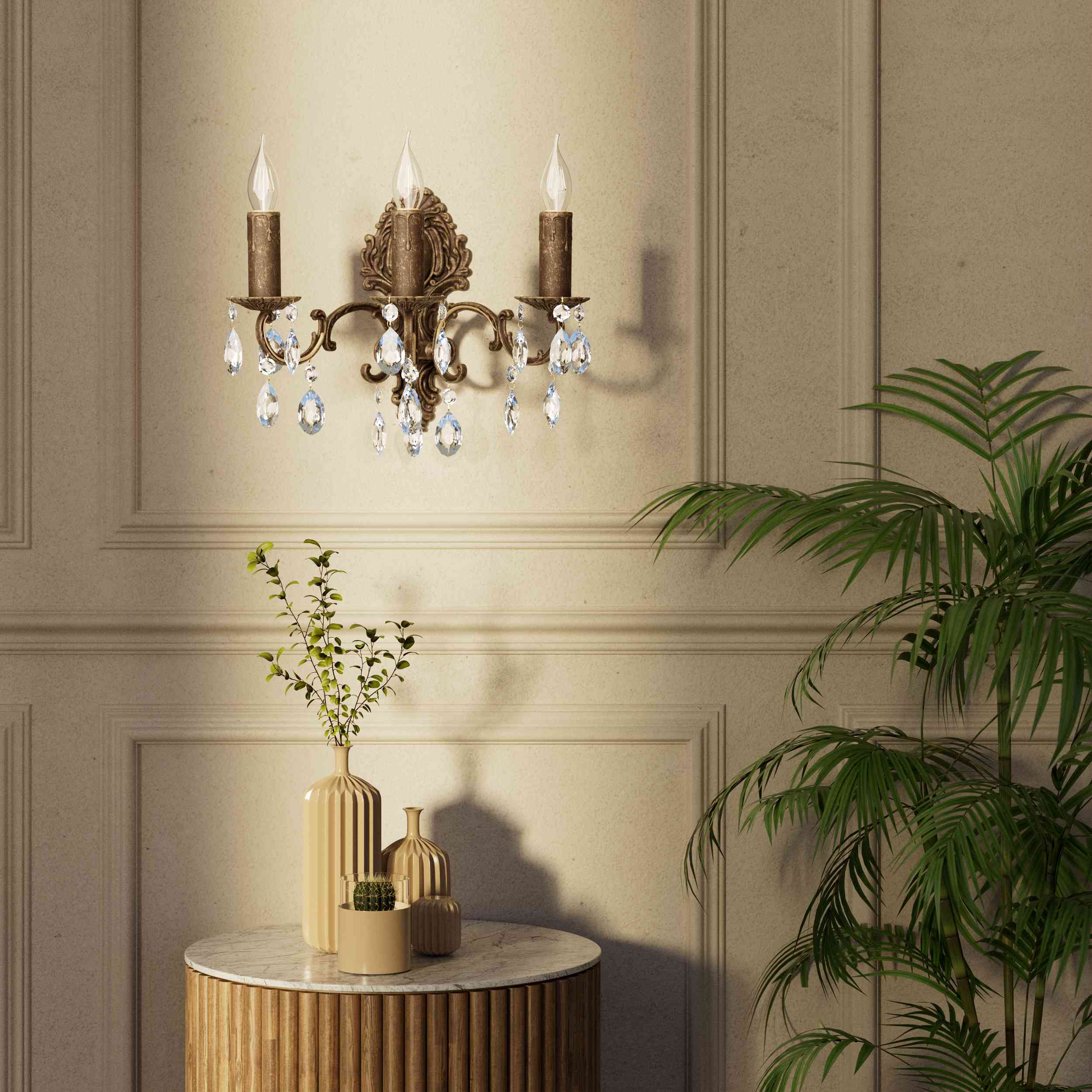 Baroque brass wall lamp with three lights and crystal pendants by Ghidini 1849 - Finish: OAS Antique Brass