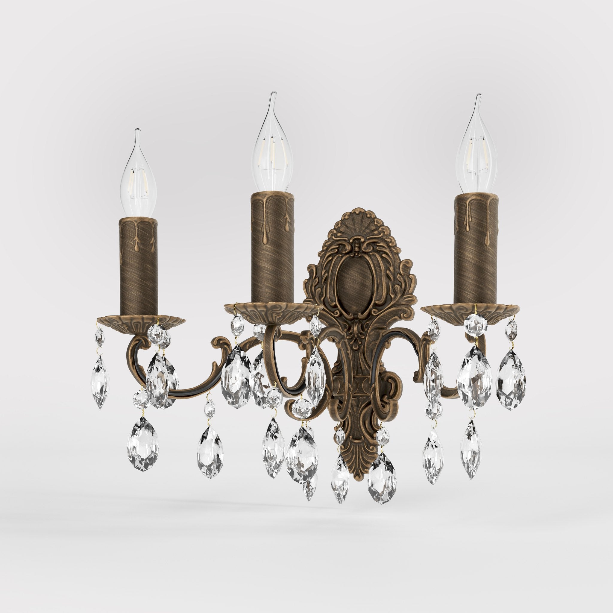 Baroque brass wall lamp with three lights and crystal pendants by Ghidini 1849 - Finish: OBM Bronze Satin Matt Brass